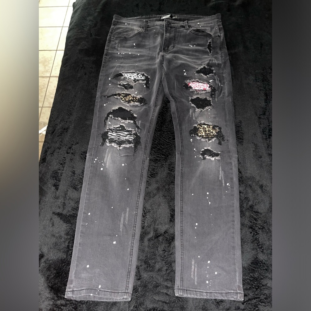 Distressed Black Jeans with Paint Splatter